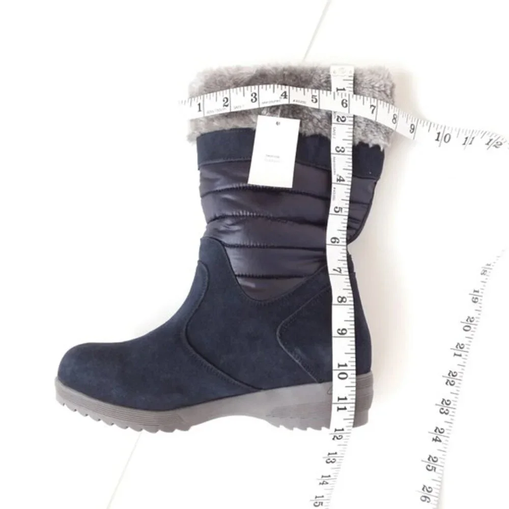 Lands' End Wide Width Faux Fur Topped Boots Pull-on Navy 7.5D